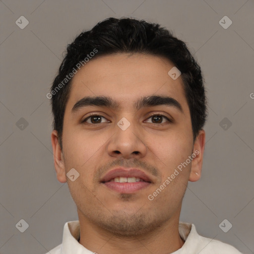 Neutral latino young-adult male with short  black hair and brown eyes