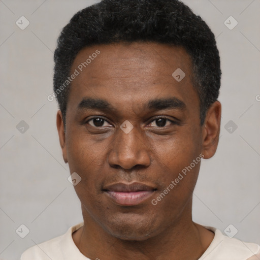 Joyful black young-adult male with short  black hair and brown eyes