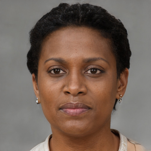 Neutral black young-adult female with short  brown hair and brown eyes