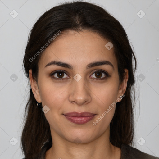 Joyful latino young-adult female with medium  brown hair and brown eyes