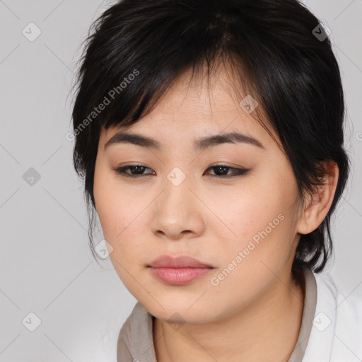 Neutral asian young-adult female with medium  black hair and brown eyes