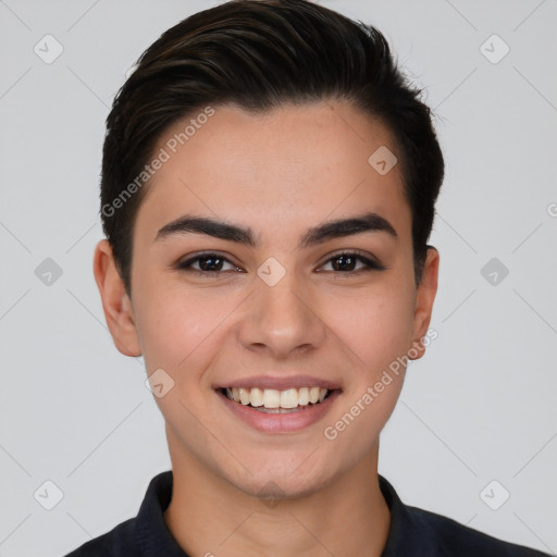 Joyful white young-adult female with short  brown hair and brown eyes