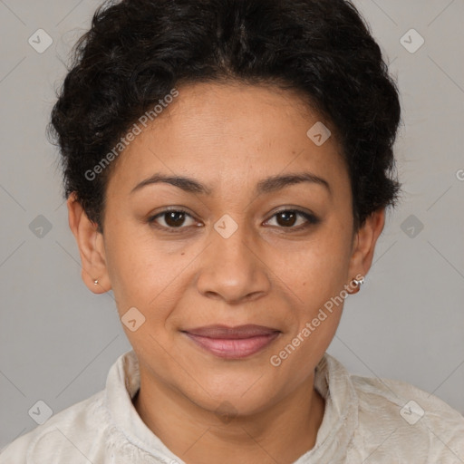 Joyful latino young-adult female with short  brown hair and brown eyes