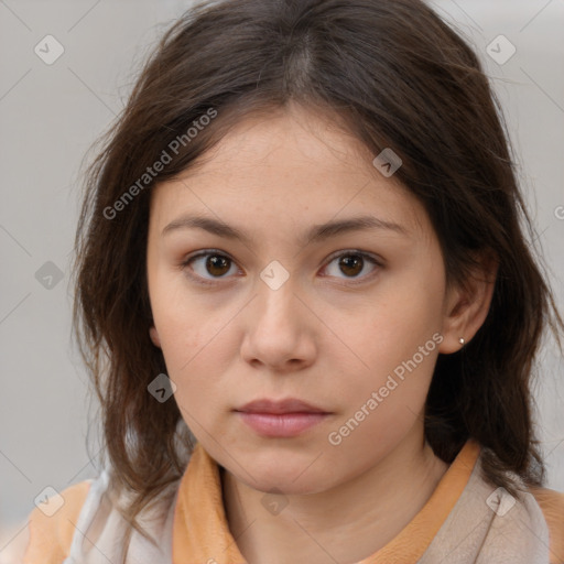 Neutral white young-adult female with medium  brown hair and brown eyes