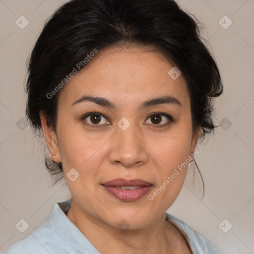 Joyful white adult female with medium  brown hair and brown eyes