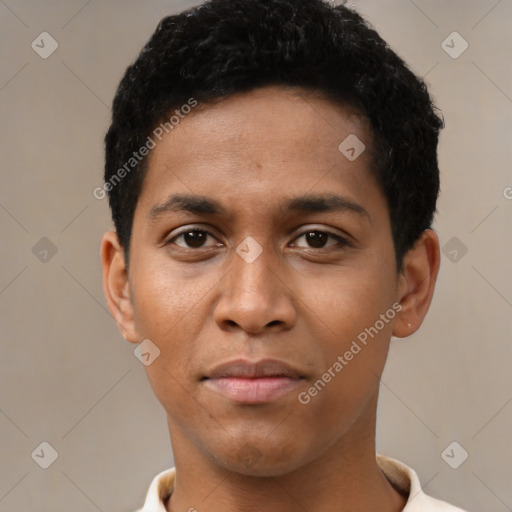 Neutral latino young-adult male with short  black hair and brown eyes