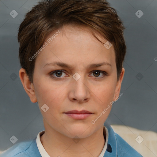 Neutral white young-adult female with short  brown hair and brown eyes