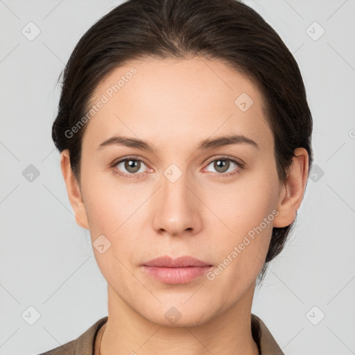 Neutral white young-adult female with short  brown hair and brown eyes