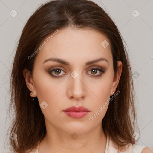 Neutral white young-adult female with medium  brown hair and brown eyes