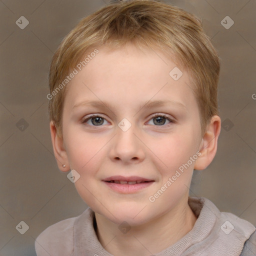 Joyful white child female with short  brown hair and brown eyes