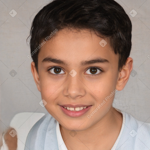 Joyful white child female with short  brown hair and brown eyes