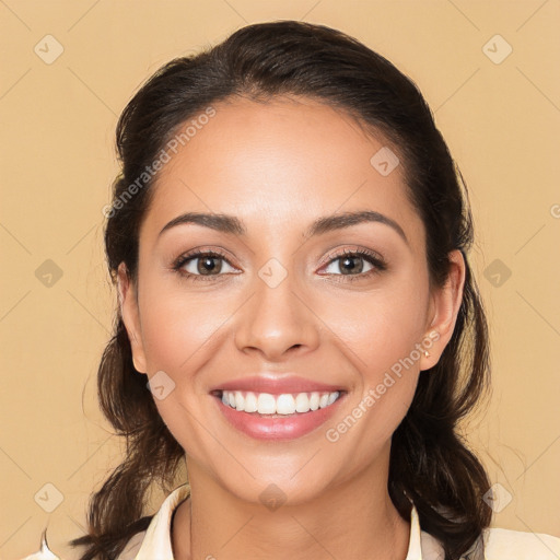 Joyful white young-adult female with medium  brown hair and brown eyes