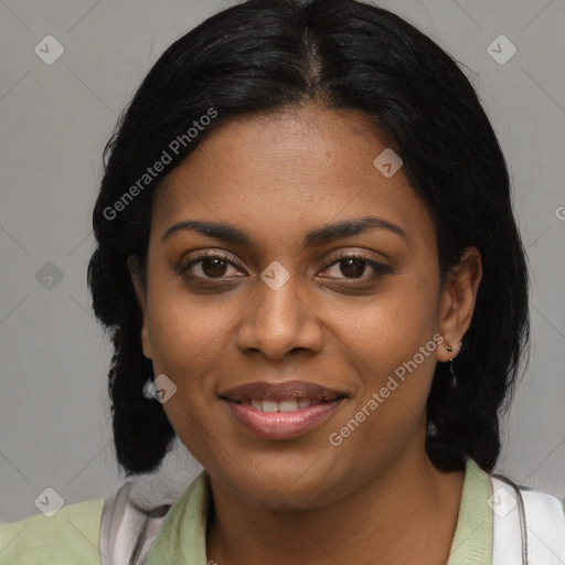 Joyful black young-adult female with medium  brown hair and brown eyes