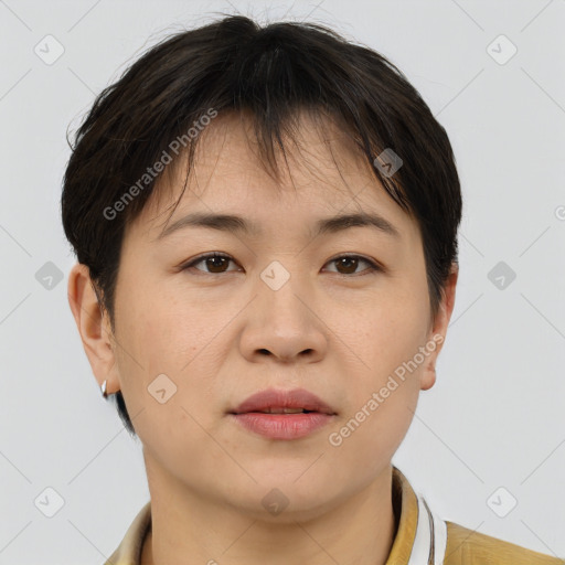 Joyful asian adult female with short  brown hair and brown eyes