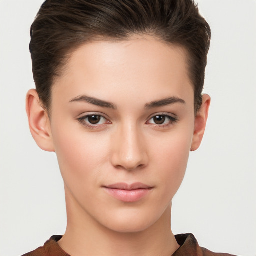 Neutral white young-adult female with short  brown hair and brown eyes