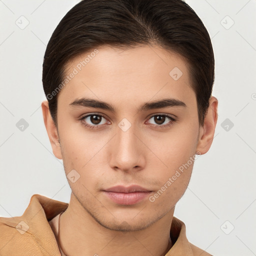 Neutral white young-adult male with short  brown hair and brown eyes