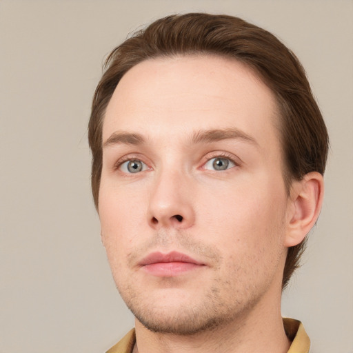 Neutral white young-adult male with short  brown hair and grey eyes