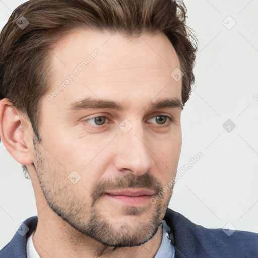 Neutral white young-adult male with short  brown hair and grey eyes