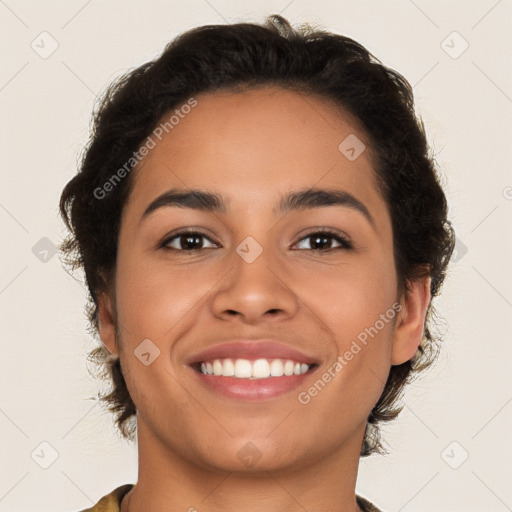 Joyful latino young-adult female with short  brown hair and brown eyes