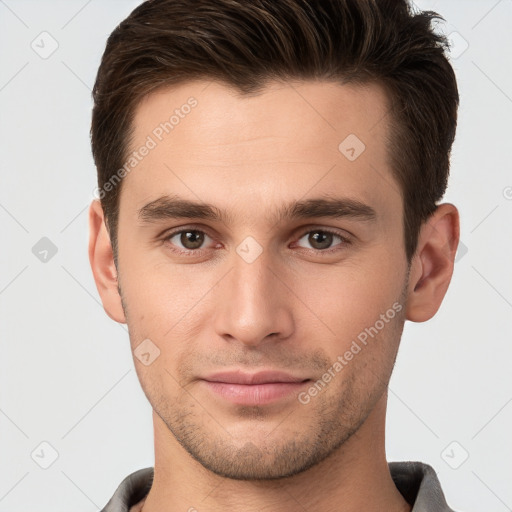 Neutral white young-adult male with short  brown hair and brown eyes