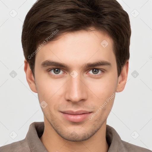 Neutral white young-adult male with short  brown hair and brown eyes