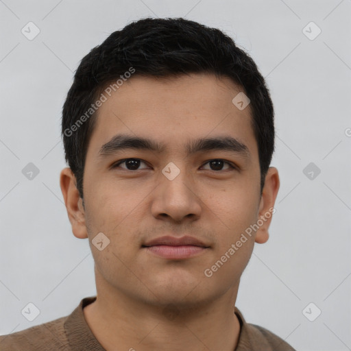 Neutral latino young-adult male with short  brown hair and brown eyes