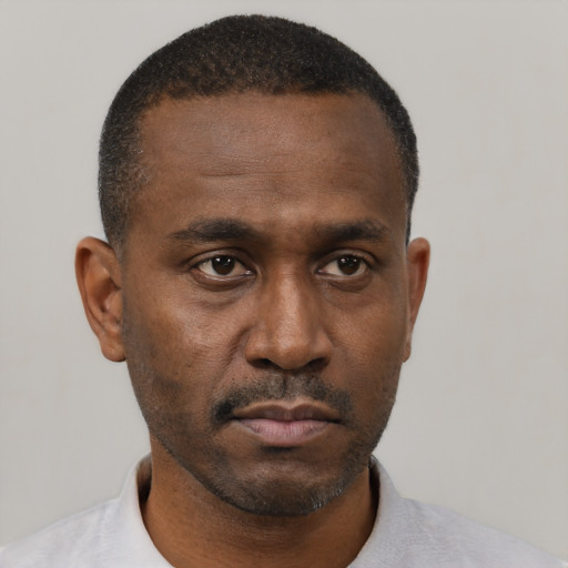 Neutral black adult male with short  black hair and brown eyes