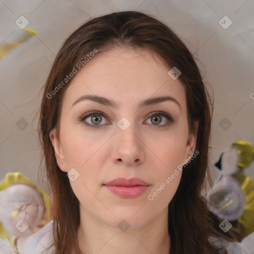 Neutral white young-adult female with medium  brown hair and brown eyes