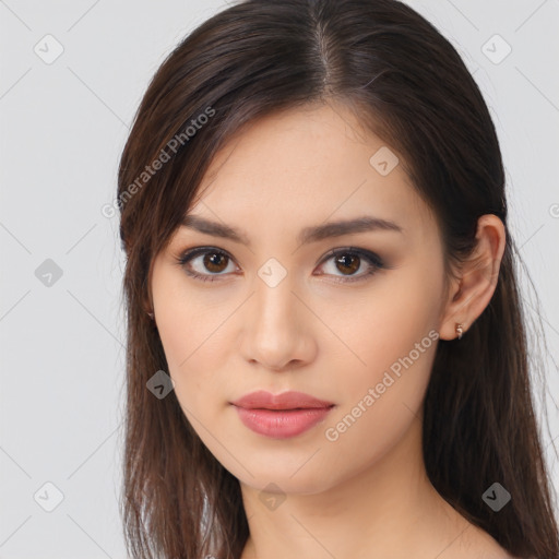 Neutral asian young-adult female with long  brown hair and brown eyes