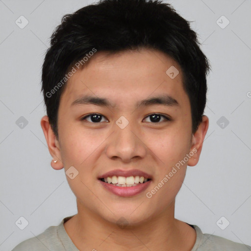 Joyful asian young-adult male with short  brown hair and brown eyes