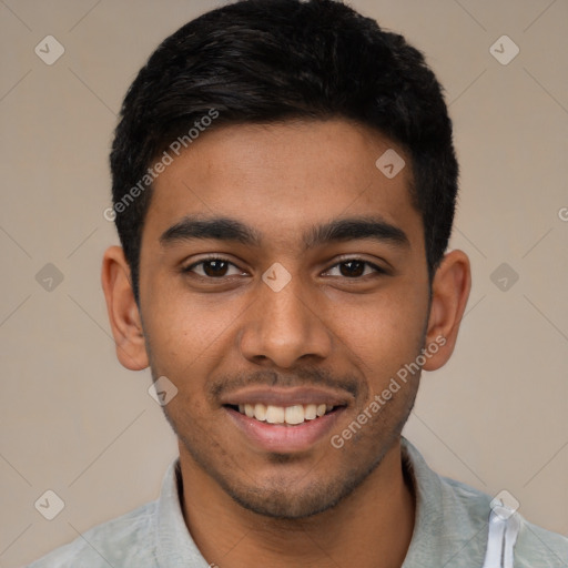 Joyful latino young-adult male with short  black hair and brown eyes