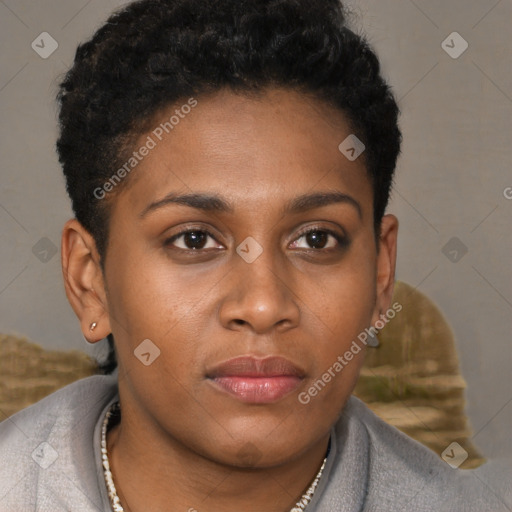 Neutral black young-adult female with short  brown hair and brown eyes