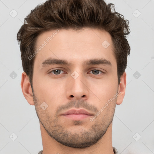 Neutral white young-adult male with short  brown hair and brown eyes