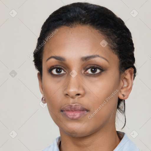 Neutral black young-adult female with short  black hair and brown eyes