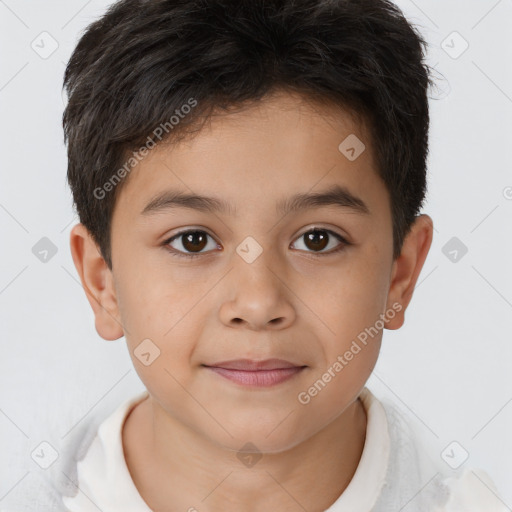 Joyful white child male with short  brown hair and brown eyes