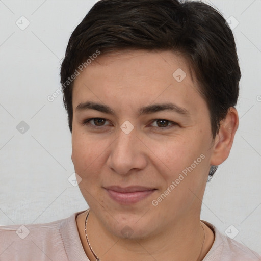 Joyful white young-adult female with short  brown hair and brown eyes