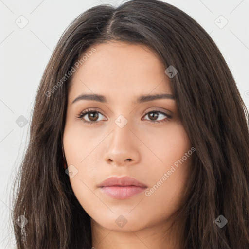 Neutral asian young-adult female with long  brown hair and brown eyes