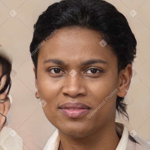 Joyful latino young-adult female with medium  brown hair and brown eyes