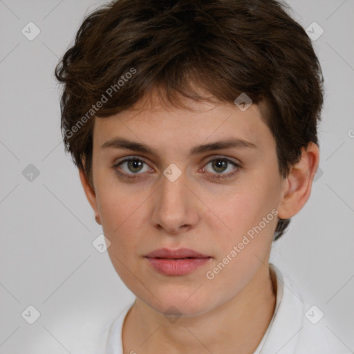 Neutral white young-adult female with short  brown hair and brown eyes