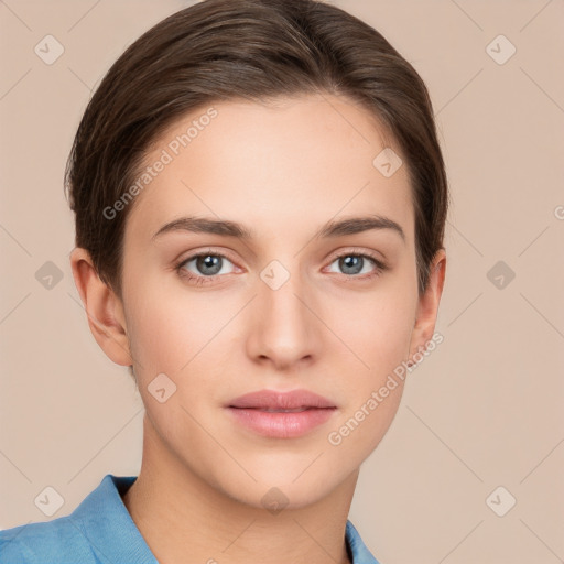 Neutral white young-adult female with short  brown hair and brown eyes