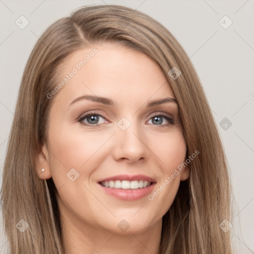 Joyful white young-adult female with long  brown hair and grey eyes