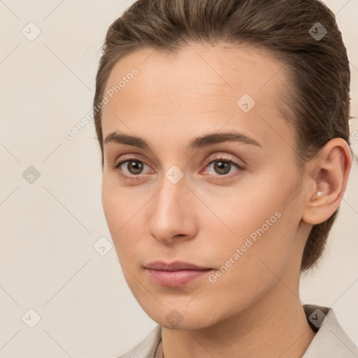 Neutral white young-adult female with medium  brown hair and brown eyes