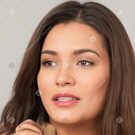 Neutral white young-adult female with long  brown hair and brown eyes