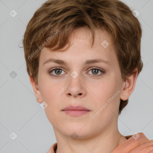 Neutral white young-adult female with short  brown hair and brown eyes