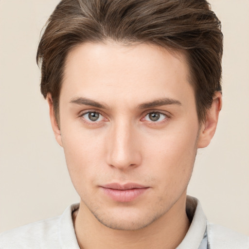 Neutral white young-adult male with short  brown hair and brown eyes