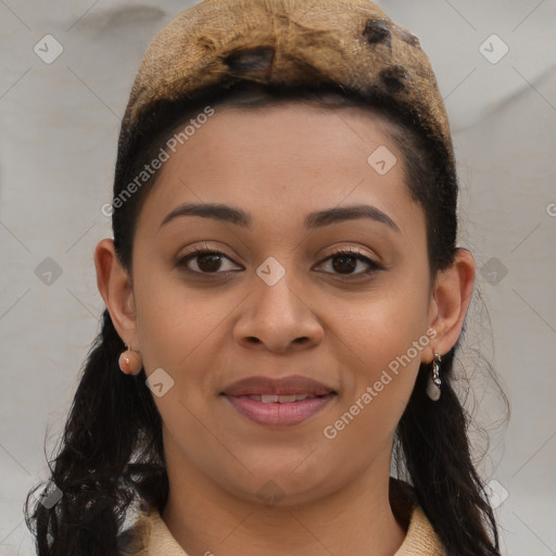 Joyful latino young-adult female with long  brown hair and brown eyes