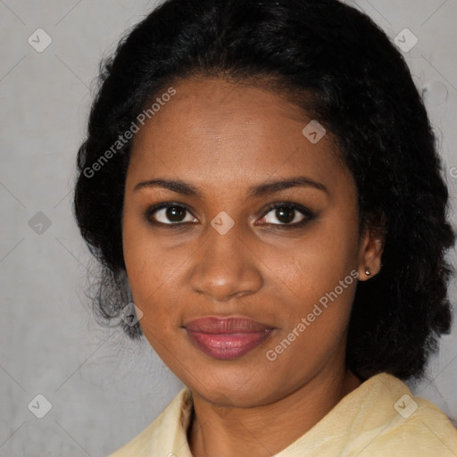 Joyful black young-adult female with medium  black hair and brown eyes