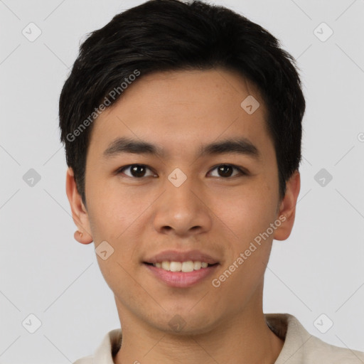 Joyful asian young-adult male with short  black hair and brown eyes