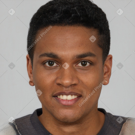 Joyful black young-adult male with short  black hair and brown eyes