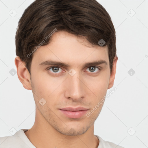 Neutral white young-adult male with short  brown hair and brown eyes